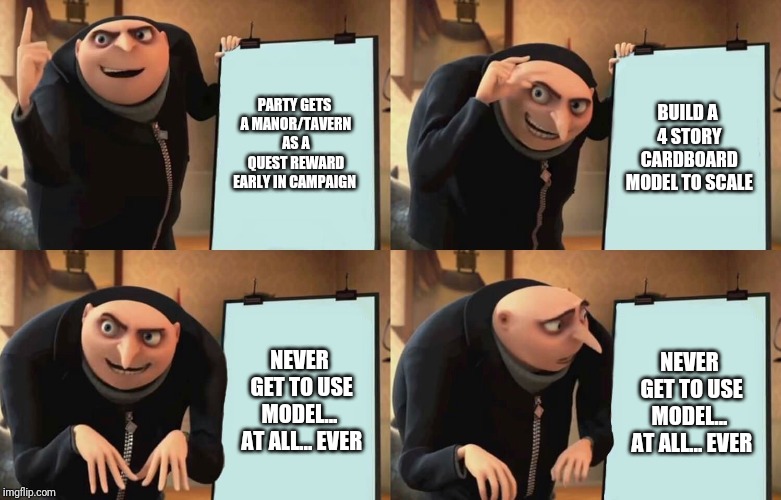 Gru Despicable Diabolical Plan | PARTY GETS A MANOR/TAVERN AS A QUEST REWARD EARLY IN CAMPAIGN; BUILD A 4 STORY CARDBOARD MODEL TO SCALE; NEVER GET TO USE MODEL...  AT ALL... EVER; NEVER GET TO USE MODEL...  AT ALL... EVER | image tagged in gru despicable diabolical plan,dndmemes | made w/ Imgflip meme maker
