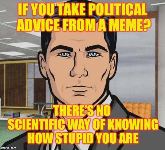 Archer Meme | IF YOU TAKE POLITICAL ADVICE FROM A MEME? THERE’S NO SCIENTIFIC WAY OF KNOWING HOW STUPID YOU ARE | image tagged in memes,archer | made w/ Imgflip meme maker