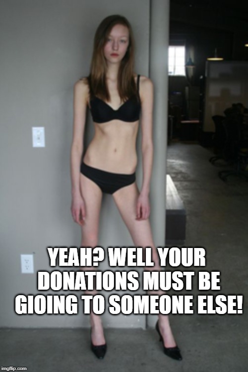 Skinny Girl | YEAH? WELL YOUR DONATIONS MUST BE GIOING TO SOMEONE ELSE! | image tagged in skinny girl | made w/ Imgflip meme maker