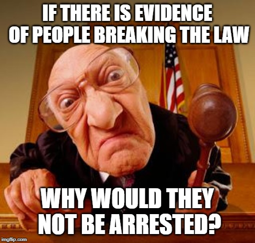 Mean Judge | IF THERE IS EVIDENCE OF PEOPLE BREAKING THE LAW WHY WOULD THEY NOT BE ARRESTED? | image tagged in mean judge | made w/ Imgflip meme maker