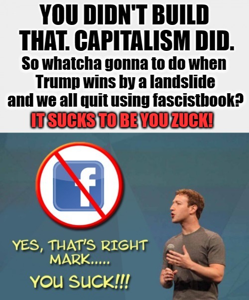 You didn't build that. Capitalism did. | IT SUCKS TO BE YOU ZUCK! | image tagged in it sucks to be you,zuckerberg,fuck the zuck,fascistbook,fakebook,facebook fascists | made w/ Imgflip meme maker
