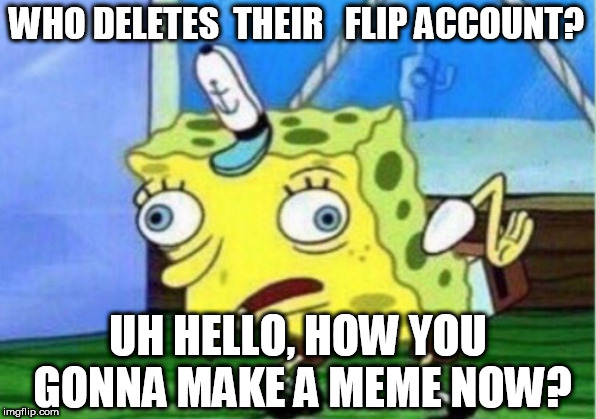 Mocking Spongebob Meme | WHO DELETES  THEIR   FLIP ACCOUNT? UH HELLO, HOW YOU GONNA MAKE A MEME NOW? | image tagged in memes,mocking spongebob | made w/ Imgflip meme maker