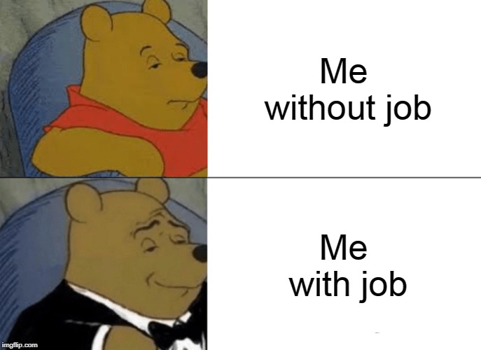 Tuxedo Winnie The Pooh Meme | Me without job; Me with job | image tagged in memes,tuxedo winnie the pooh | made w/ Imgflip meme maker
