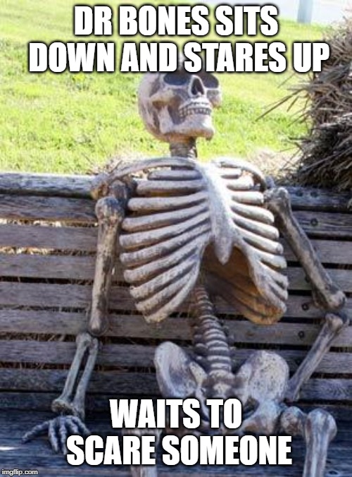 Waiting Skeleton Meme | DR BONES SITS DOWN AND STARES UP; WAITS TO SCARE SOMEONE | image tagged in memes,waiting skeleton | made w/ Imgflip meme maker