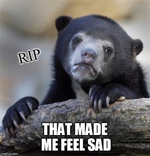 Confession Bear Meme | RIP THAT MADE ME FEEL SAD | image tagged in memes,confession bear | made w/ Imgflip meme maker