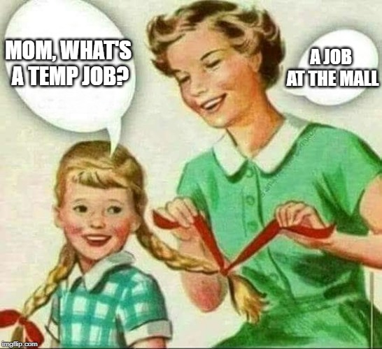 Mother & Daughter | A JOB AT THE MALL; MOM, WHAT'S A TEMP JOB? | image tagged in mother  daughter | made w/ Imgflip meme maker