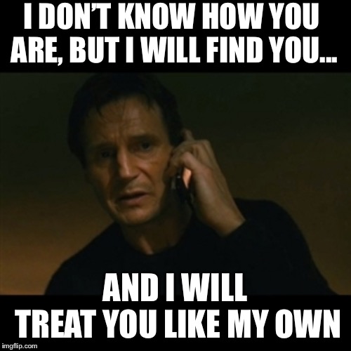 Liam Neeson Taken Meme | I DON’T KNOW HOW YOU ARE, BUT I WILL FIND YOU... AND I WILL TREAT YOU LIKE MY OWN | image tagged in memes,liam neeson taken | made w/ Imgflip meme maker