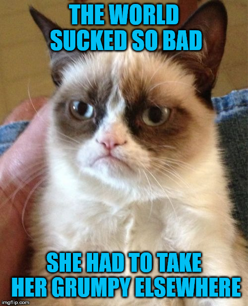 Rest easy little meme baby | THE WORLD SUCKED SO BAD; SHE HAD TO TAKE HER GRUMPY ELSEWHERE | image tagged in memes,grumpy cat | made w/ Imgflip meme maker