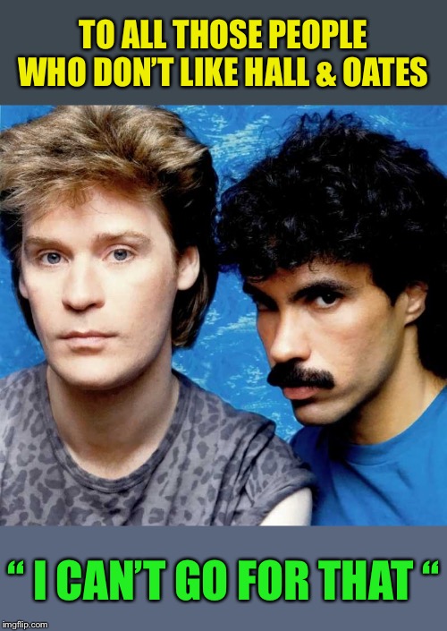 No can do. | TO ALL THOSE PEOPLE WHO DON’T LIKE HALL & OATES; “ I CAN’T GO FOR THAT “ | image tagged in hall and oates bitch please,song lyrics,song title | made w/ Imgflip meme maker