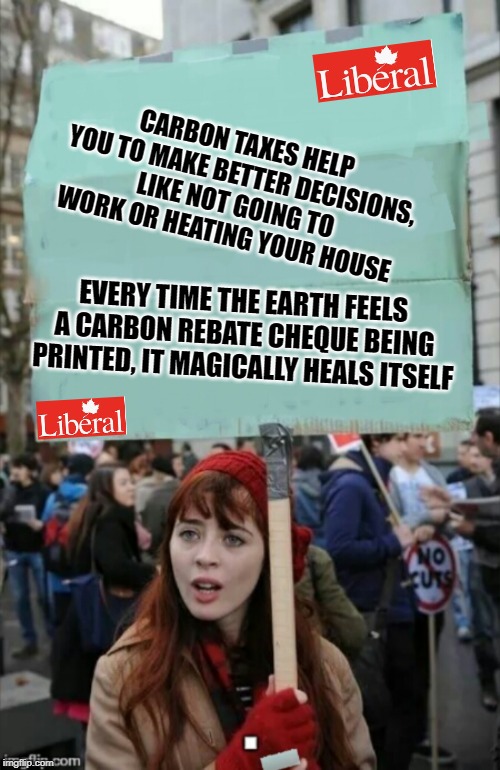 They must really believe | CARBON TAXES HELP YOU TO MAKE BETTER DECISIONS, LIKE NOT GOING TO WORK OR HEATING YOUR HOUSE; EVERY TIME THE EARTH FEELS A CARBON REBATE CHEQUE BEING PRINTED, IT MAGICALLY HEALS ITSELF | image tagged in stupid liberals,liberal hypocrisy,special kind of stupid,carbon footprint,liberal logic,idiots | made w/ Imgflip meme maker