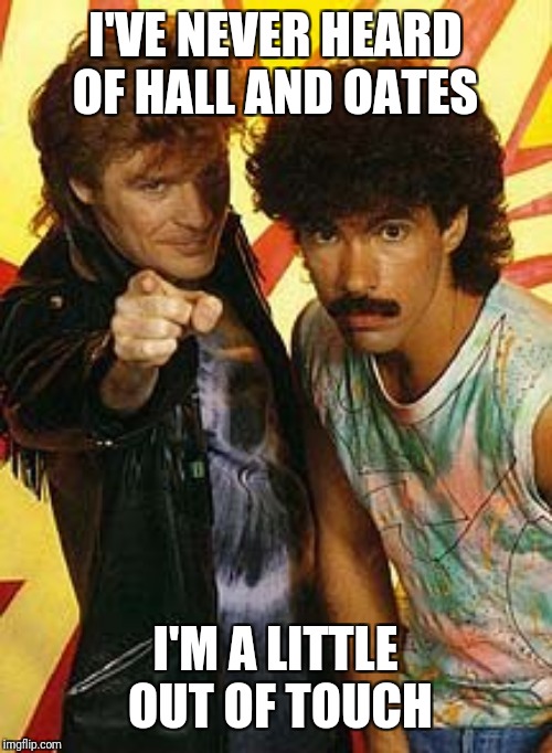 hall and oates | I'VE NEVER HEARD OF HALL AND OATES I'M A LITTLE OUT OF TOUCH | image tagged in hall and oates | made w/ Imgflip meme maker