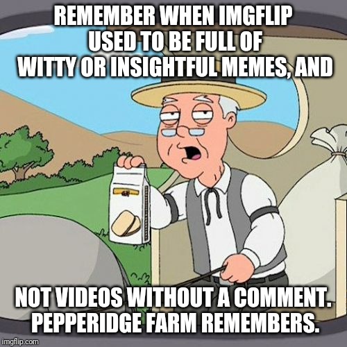 Lack of memes on imgflip | REMEMBER WHEN IMGFLIP USED TO BE FULL OF WITTY OR INSIGHTFUL MEMES, AND; NOT VIDEOS WITHOUT A COMMENT. PEPPERIDGE FARM REMEMBERS. | image tagged in memes,pepperidge farm remembers | made w/ Imgflip meme maker