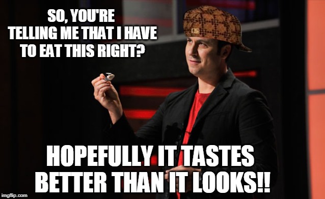 Hopefully this tastes better than it looks or your  Master Chef Canada dreams are over Pal!! | SO, YOU'RE TELLING ME THAT I HAVE TO EAT THIS RIGHT? HOPEFULLY IT TASTES BETTER THAN IT LOOKS!! | image tagged in chef,funny memes | made w/ Imgflip meme maker