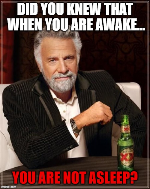The Most Interesting Man In The World | DID YOU KNEW THAT WHEN YOU ARE AWAKE... YOU ARE NOT ASLEEP? | image tagged in memes,the most interesting man in the world | made w/ Imgflip meme maker