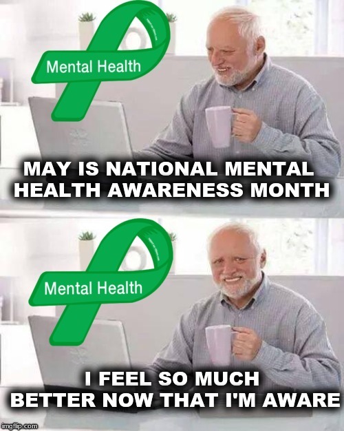 Hide the Serotonin Re-uptake Inhibitor Harold | MAY IS NATIONAL MENTAL HEALTH AWARENESS MONTH; I FEEL SO MUCH BETTER NOW THAT I'M AWARE | image tagged in hide the pain harold,mental health,health,healthcare,awareness | made w/ Imgflip meme maker
