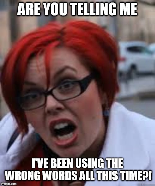 SJW Triggered | ARE YOU TELLING ME I'VE BEEN USING THE WRONG WORDS ALL THIS TIME?! | image tagged in sjw triggered | made w/ Imgflip meme maker