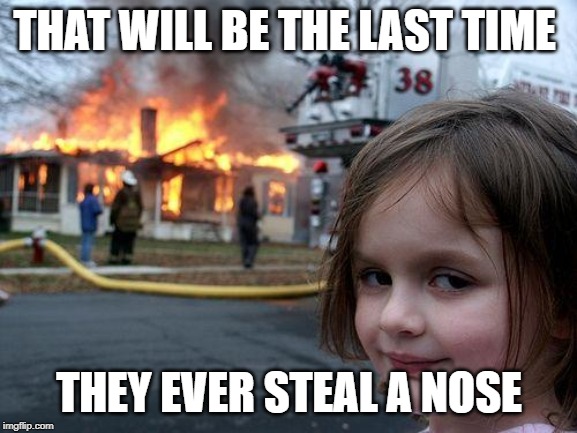 Disaster Girl Meme | THAT WILL BE THE LAST TIME; THEY EVER STEAL A NOSE | image tagged in memes,disaster girl | made w/ Imgflip meme maker