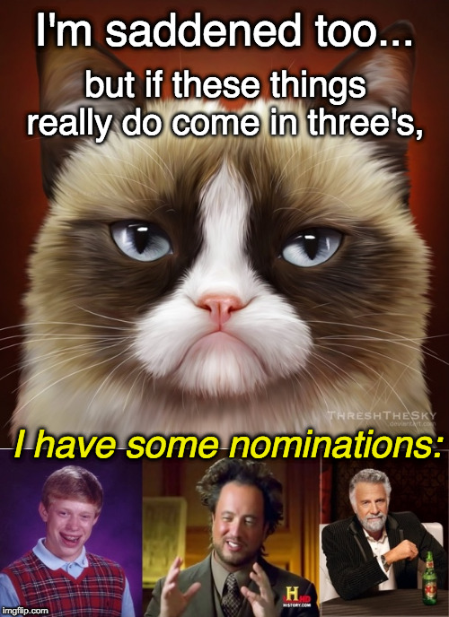 Even cats get lonely... | I'm saddened too... but if these things really do come in three's, I have some nominations: | image tagged in bad luck brian,grumpy cat,ancient aliens guy,the most interesting man in the world | made w/ Imgflip meme maker