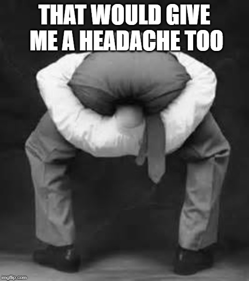 Head up your ass | THAT WOULD GIVE ME A HEADACHE TOO | image tagged in head up your ass | made w/ Imgflip meme maker