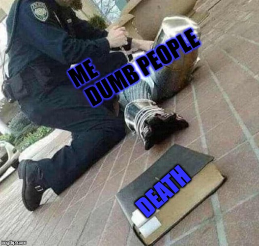 Arrested crusader reaching for book | ME                          DUMB PEOPLE; DEATH | image tagged in arrested crusader reaching for book | made w/ Imgflip meme maker