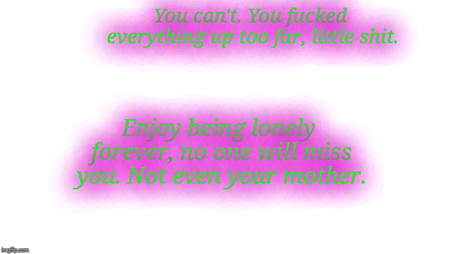 Blank | You can't. You fucked everything up too far, little shit. Enjoy being lonely forever, no one will miss you. Not even your mother. | image tagged in blank | made w/ Imgflip meme maker