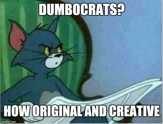 Interrupting Tom's Read | DUMBOCRATS? HOW ORIGINAL AND CREATIVE | image tagged in interrupting tom's read | made w/ Imgflip meme maker