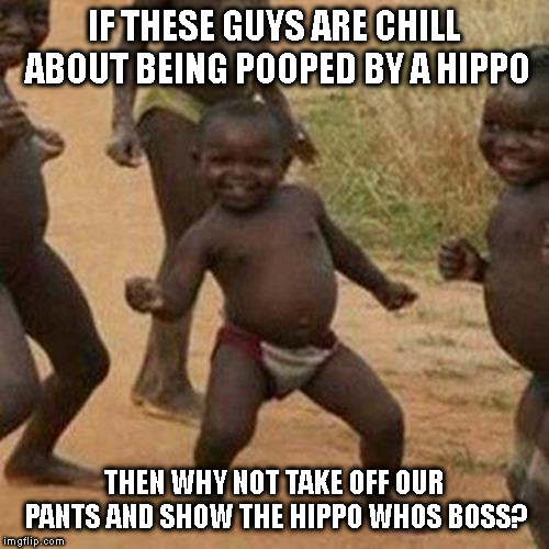 IF THESE GUYS ARE CHILL ABOUT BEING POOPED BY A HIPPO THEN WHY NOT TAKE OFF OUR PANTS AND SHOW THE HIPPO WHOS BOSS? | image tagged in memes,third world success kid | made w/ Imgflip meme maker