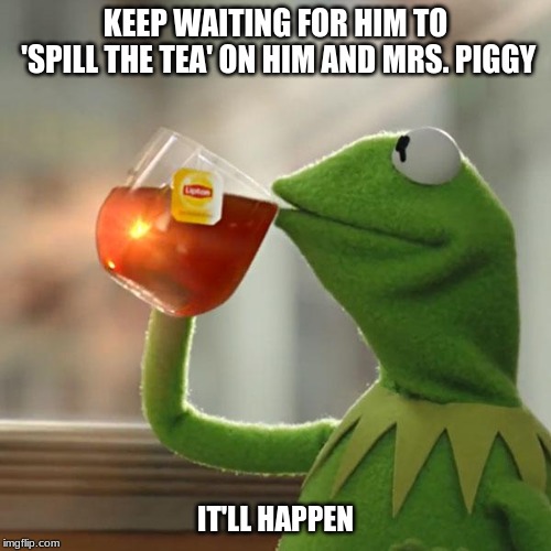 this is the only kind of tea I like | KEEP WAITING FOR HIM TO 'SPILL THE TEA' ON HIM AND MRS. PIGGY; IT'LL HAPPEN | image tagged in memes,but thats none of my business,kermit the frog,funny,tea,relationships | made w/ Imgflip meme maker