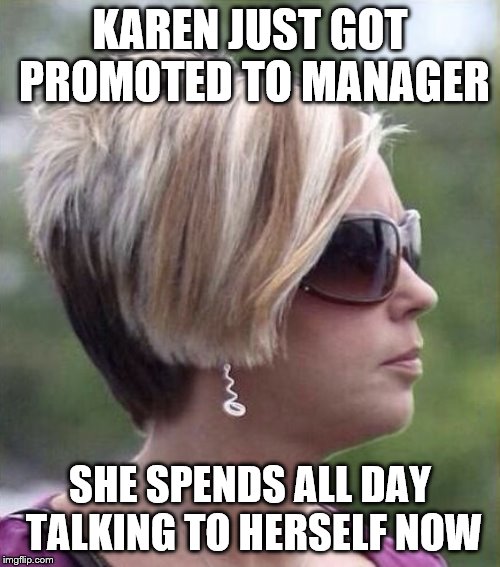I dont know why! | KAREN JUST GOT PROMOTED TO MANAGER; SHE SPENDS ALL DAY TALKING TO HERSELF NOW | image tagged in let me speak to your manager haircut,karen,bad joke,claybourne | made w/ Imgflip meme maker