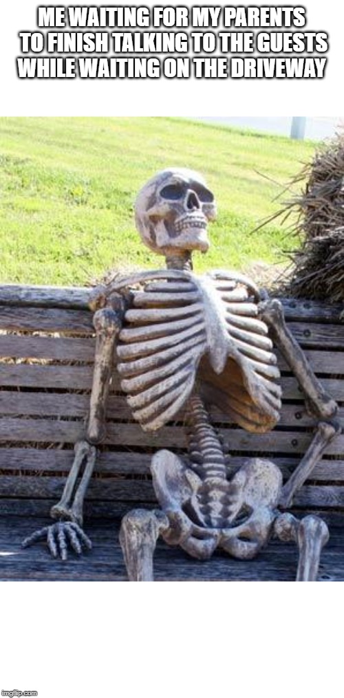 Waiting Skeleton | ME WAITING FOR MY PARENTS TO FINISH TALKING TO THE GUESTS WHILE WAITING ON THE DRIVEWAY | image tagged in memes,waiting skeleton | made w/ Imgflip meme maker