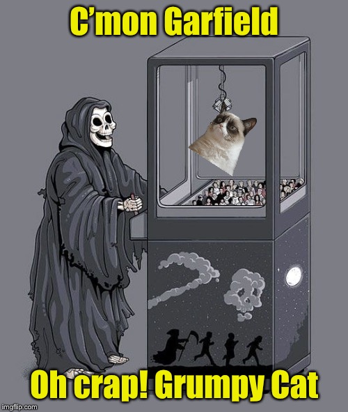 Grim Reaper gets claw from the claw machine | C’mon Garfield; Oh crap! Grumpy Cat | image tagged in grim reaper claw machine,grumpy cat,garfield | made w/ Imgflip meme maker