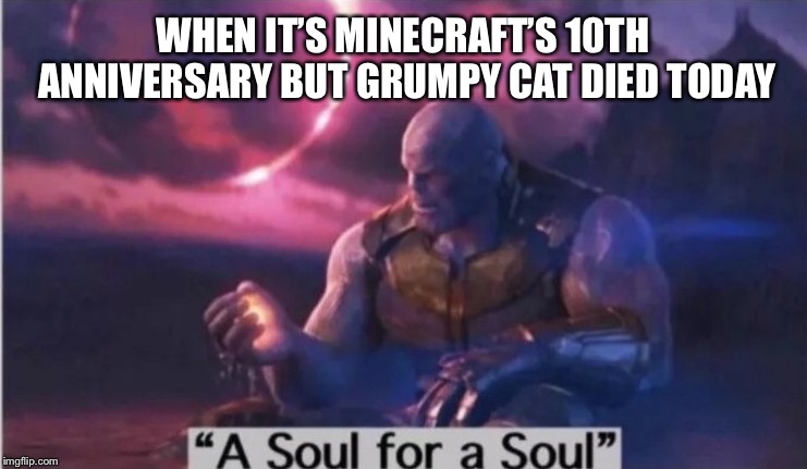 A Soul for a Soul | WHEN IT’S MINECRAFT’S 10TH ANNIVERSARY BUT GRUMPY CAT DIED TODAY | image tagged in a soul for a soul | made w/ Imgflip meme maker