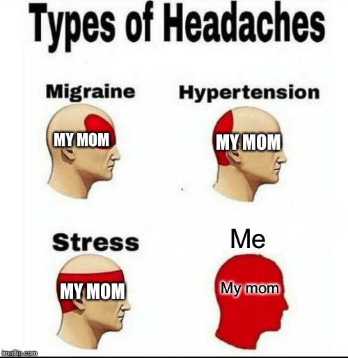 Types of Headaches meme | MY MOM; MY MOM; Me; My mom; MY MOM | image tagged in types of headaches meme | made w/ Imgflip meme maker