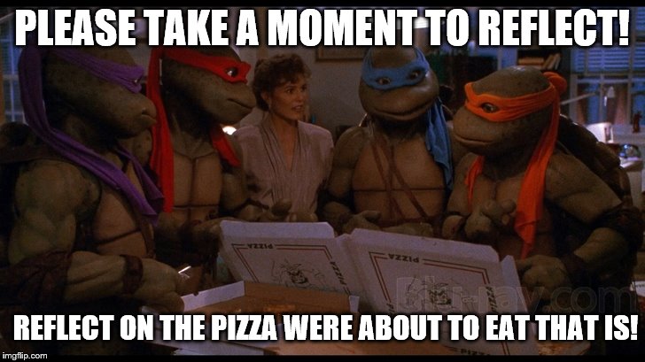 Reflect on the Pizza | PLEASE TAKE A MOMENT TO REFLECT! REFLECT ON THE PIZZA WERE ABOUT TO EAT THAT IS! | image tagged in teenage mutant ninja turtles,pizza | made w/ Imgflip meme maker