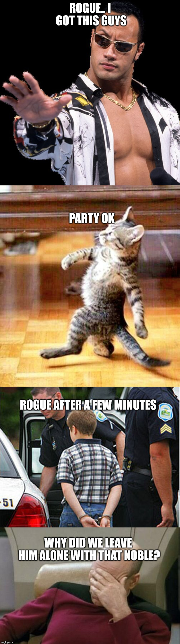 ROGUE.. I GOT THIS GUYS; PARTY OK; ROGUE AFTER A FEW MINUTES; WHY DID WE LEAVE HIM ALONE WITH THAT NOBLE? | image tagged in memes,captain picard facepalm,boy arrested for farting in school,cat walking away,cocky rock | made w/ Imgflip meme maker