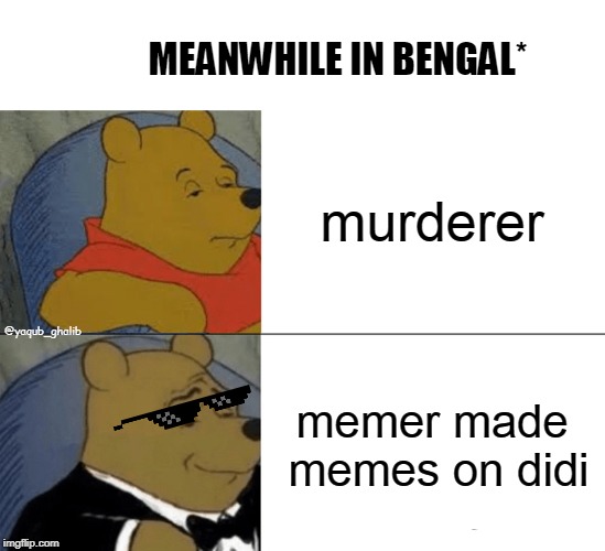 Tuxedo Winnie The Pooh Meme | MEANWHILE IN BENGAL*; murderer; @yaqub_ghalib; memer made memes on didi | image tagged in memes,tuxedo winnie the pooh | made w/ Imgflip meme maker
