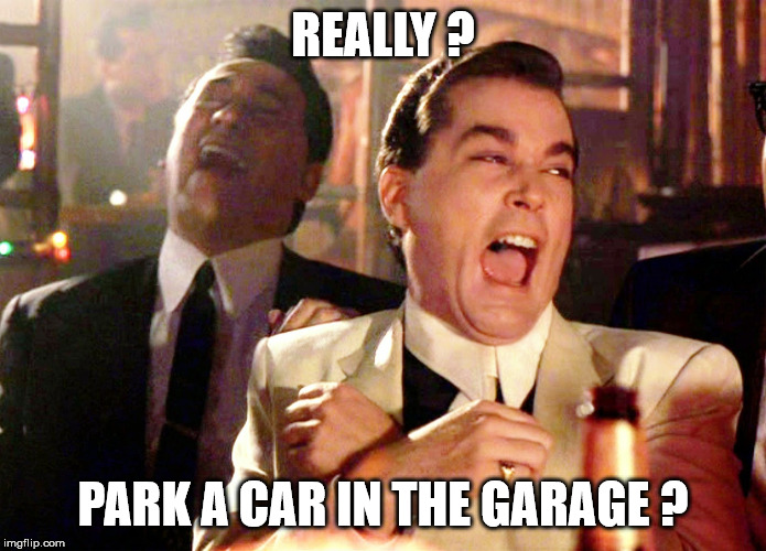 Good Fellas Hilarious Meme | REALLY ? PARK A CAR IN THE GARAGE ? | image tagged in memes,good fellas hilarious | made w/ Imgflip meme maker