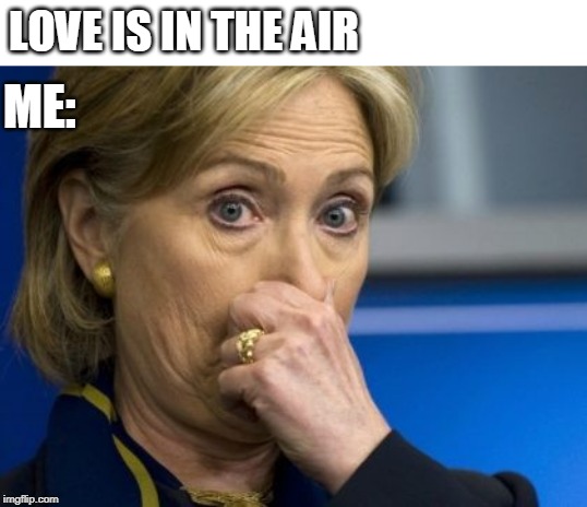 Hillary hold nose | LOVE IS IN THE AIR; ME: | image tagged in hillary hold nose | made w/ Imgflip meme maker