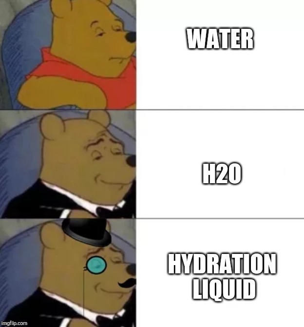 Fancy pooh | WATER; H2O; HYDRATION LIQUID | image tagged in fancy pooh | made w/ Imgflip meme maker