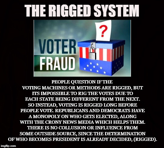 TWO SIDES OF THE SAME COIN | THE RIGGED SYSTEM; PEOPLE QUESTION IF THE VOTING MACHINES OR METHODS ARE RIGGED, BUT ITS IMPOSSIBLE TO RIG THE VOTES DUE TO EACH STATE BEING DIFFERENT FROM THE NEXT. SO INSTEAD, VOTING IS RIGGED LONG BEFORE PEOPLE VOTE. REPUBLICANS AND DEMOCRATS HAVE A MONOPOLY ON WHO GETS ELECTED, ALONG WITH THE CRONY NEWS MEDIA WHICH HELPS THEM. THERE IS NO COLLUSION OR INFLUENCE FROM SOME OUTSIDE SOURCE, SINCE THE DETERMINATION OF WHO BECOMES PRESIDENT IS ALREADY DECIDED, (RIGGED). | image tagged in voter,election,president,government,news,rigged | made w/ Imgflip meme maker