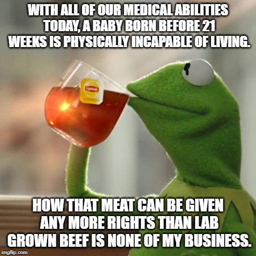 But That's None Of My Business Meme | WITH ALL OF OUR MEDICAL ABILITIES TODAY, A BABY BORN BEFORE 21 WEEKS IS PHYSICALLY INCAPABLE OF LIVING. HOW THAT MEAT CAN BE GIVEN ANY MORE RIGHTS THAN LAB GROWN BEEF IS NONE OF MY BUSINESS. | image tagged in memes,but thats none of my business,kermit the frog | made w/ Imgflip meme maker