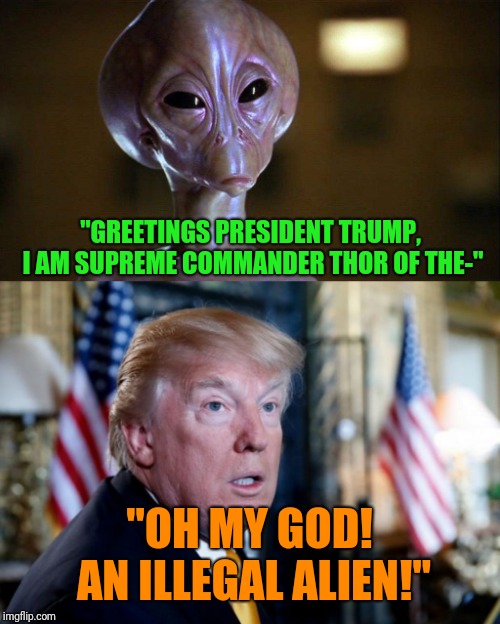 Trump's first contact | "GREETINGS PRESIDENT TRUMP, I AM SUPREME COMMANDER THOR OF THE-"; "OH MY GOD! AN ILLEGAL ALIEN!" | image tagged in stargate thor,surprised trump,thor,totally what would happen xd | made w/ Imgflip meme maker