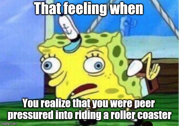 Mocking Spongebob | That feeling when; You realize that you were peer pressured into riding a roller coaster | image tagged in memes,mocking spongebob | made w/ Imgflip meme maker