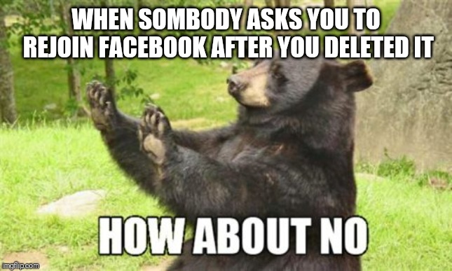 Anybody that's deleted Facebook will have been asked this at least once and will relate | WHEN SOMBODY ASKS YOU TO REJOIN FACEBOOK AFTER YOU DELETED IT | image tagged in memes,how about no bear,facebook problems,facebook,relatable | made w/ Imgflip meme maker