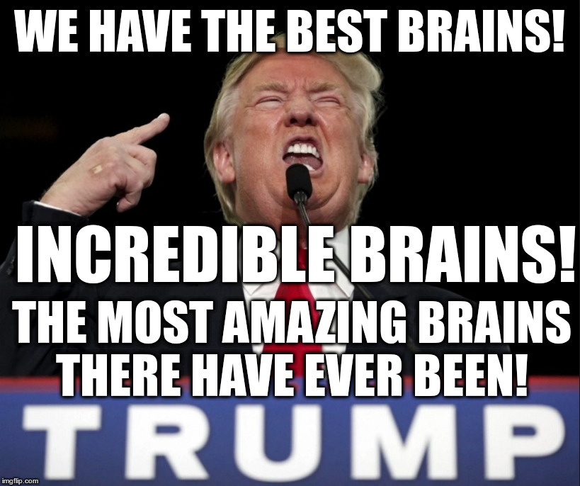 Trump Finger Pointed to Head | WE HAVE THE BEST BRAINS! INCREDIBLE BRAINS! THE MOST AMAZING BRAINS THERE HAVE EVER BEEN! | image tagged in trump finger pointed to head | made w/ Imgflip meme maker