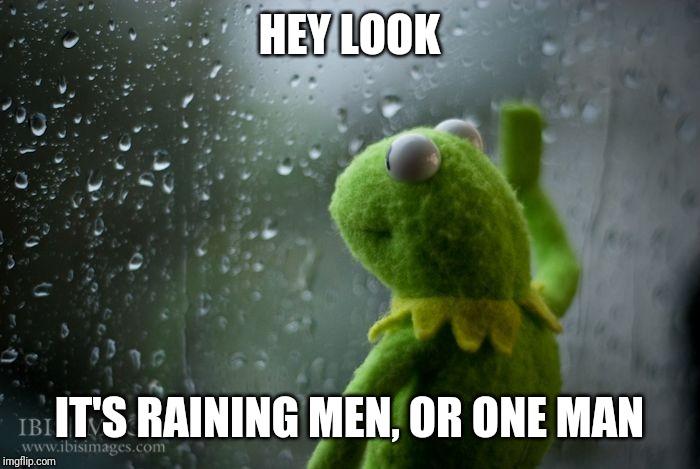 kermit window | HEY LOOK IT'S RAINING MEN, OR ONE MAN | image tagged in kermit window | made w/ Imgflip meme maker