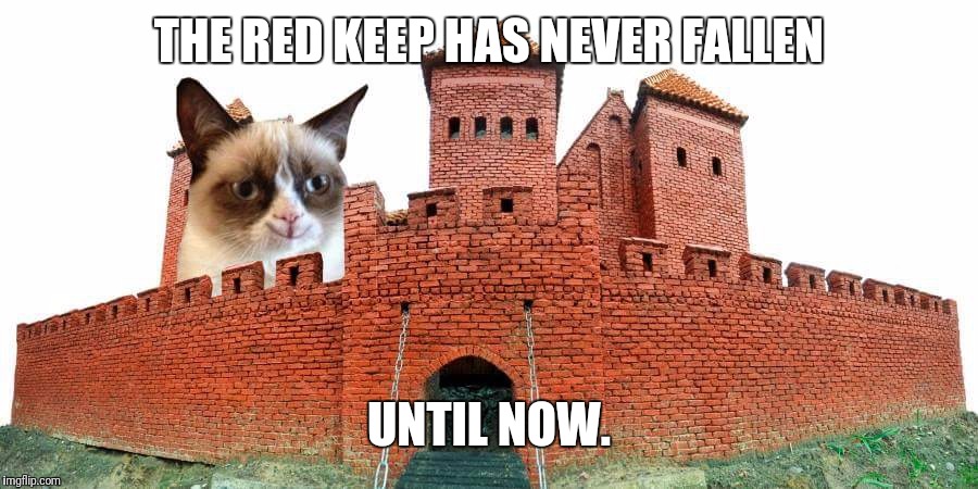 castle grumpy cat  | THE RED KEEP HAS NEVER FALLEN; UNTIL NOW. | image tagged in castle grumpy cat | made w/ Imgflip meme maker