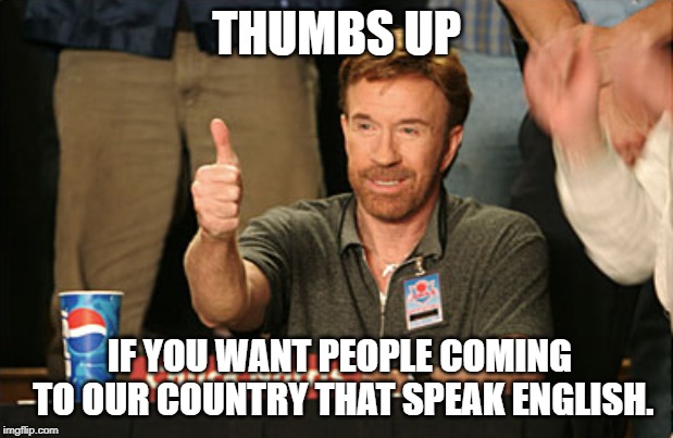 Chuck Norris Approves | THUMBS UP; IF YOU WANT PEOPLE COMING TO OUR COUNTRY THAT SPEAK ENGLISH. | image tagged in memes,chuck norris approves,chuck norris | made w/ Imgflip meme maker