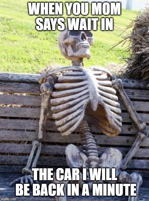 Waiting Skeleton Meme | WHEN YOU MOM SAYS WAIT IN; THE CAR I WILL BE BACK IN A MINUTE | image tagged in memes,waiting skeleton | made w/ Imgflip meme maker