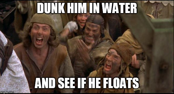 you're a witch | DUNK HIM IN WATER AND SEE IF HE FLOATS | image tagged in burn her anyway | made w/ Imgflip meme maker